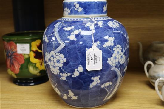A large Chinese blue and white prunus jar and cover